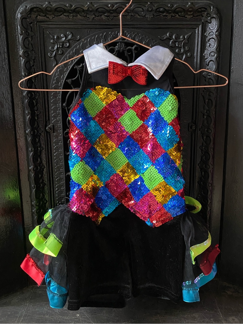 Kids Multicolor Sequin Harlequin Dance Costume with Bow Collar